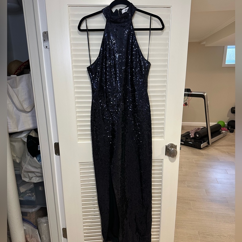 High neck midnight black/dark navy sequin gown by likely with slit size 8